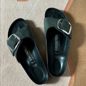 Birkenstock Dark Gray Sandals with Silver Buckle